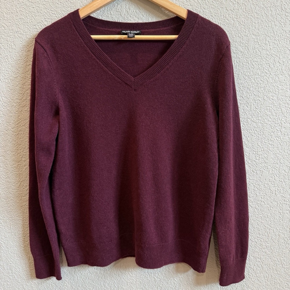 Hilary Radley Burgundy Cashmere V-Neck Sweater Long Sleeve Women's XL